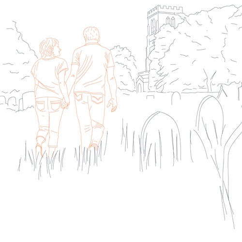A drawing of a couple holding hands in the grounds of a castle